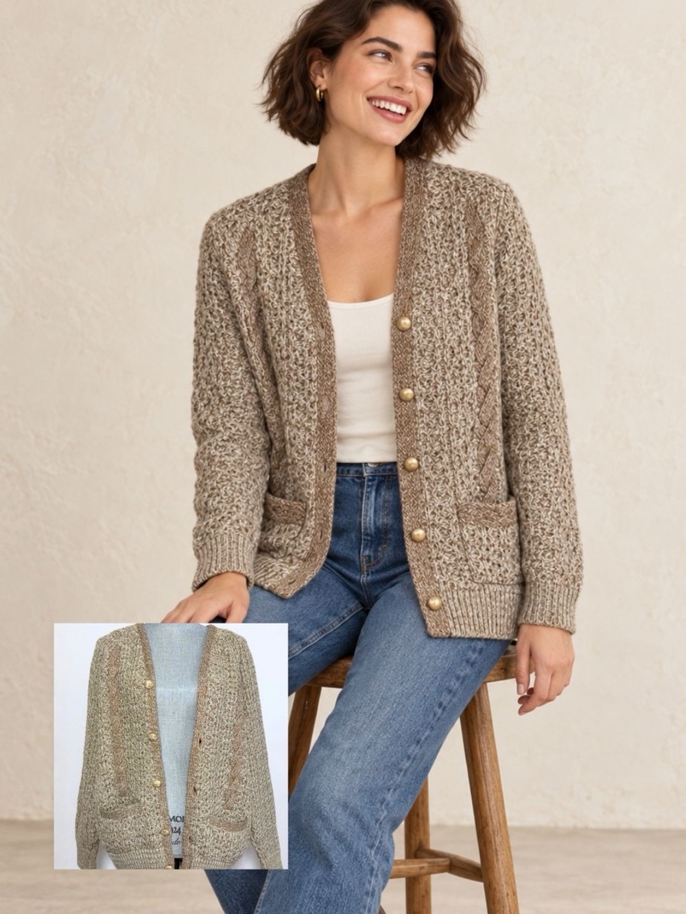Vintage Tan Knit Button Down Cardigan  Sweater. Neutral Coastal Grandma Vibes.